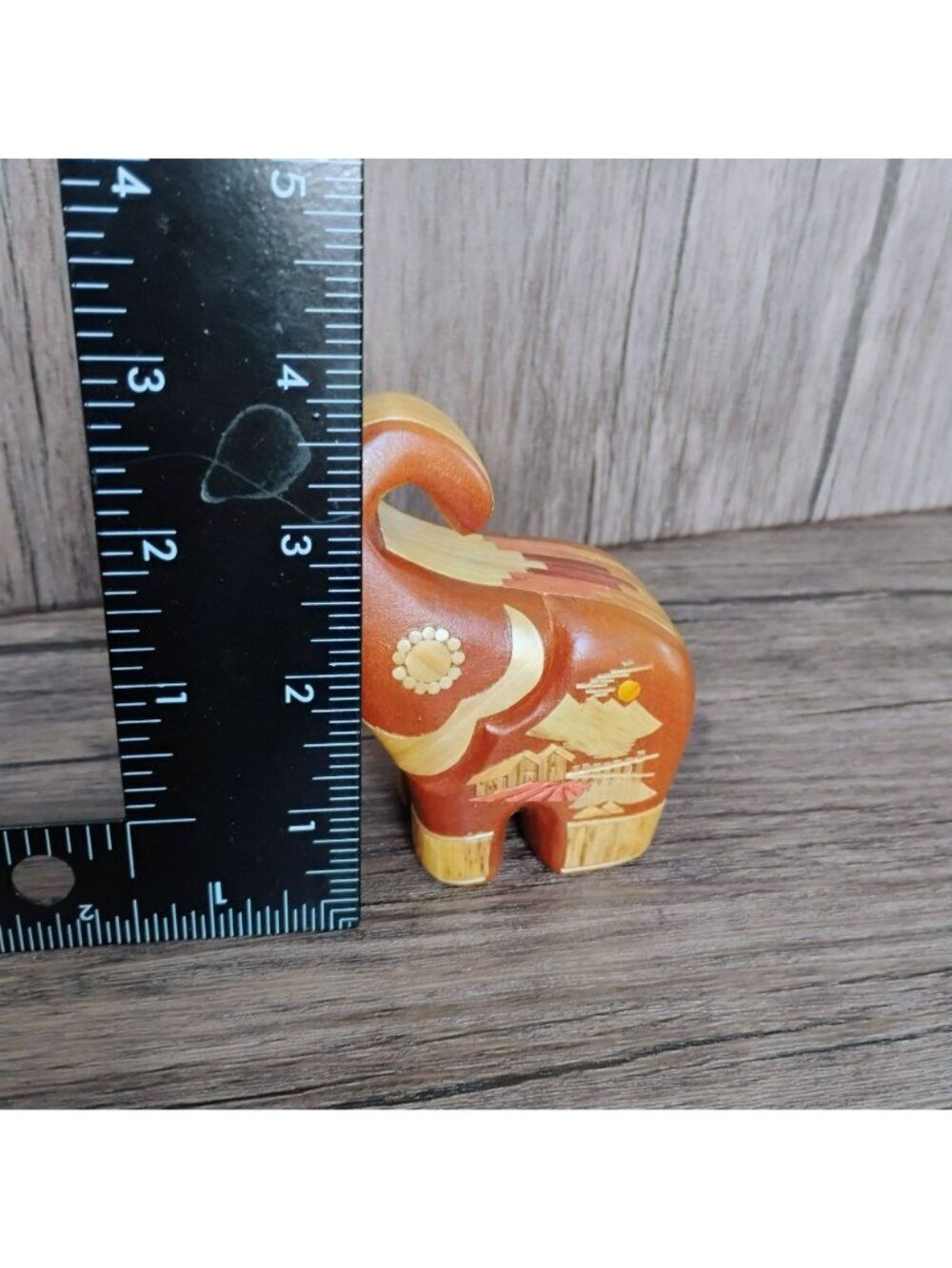 Handcrafted Wooden Elephant Figurine With Ornate Asian Veneer Accents 4", Trunk - Picture 5 of 9